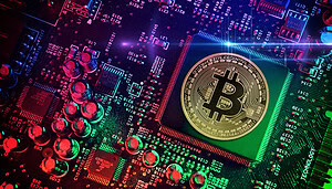 Eine Bitcoin-Münze auf einem Motherboard eines Computers.