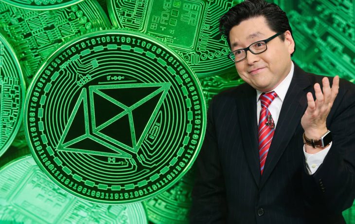 Ein Mann im Anzug mit roter Krawatte und Brille steht rechts im Bild und gestikuliert mit einer Hand, während im Hintergrund große, grün leuchtende Ethereum-Münzen mit technischen Mustern zu sehen sind.