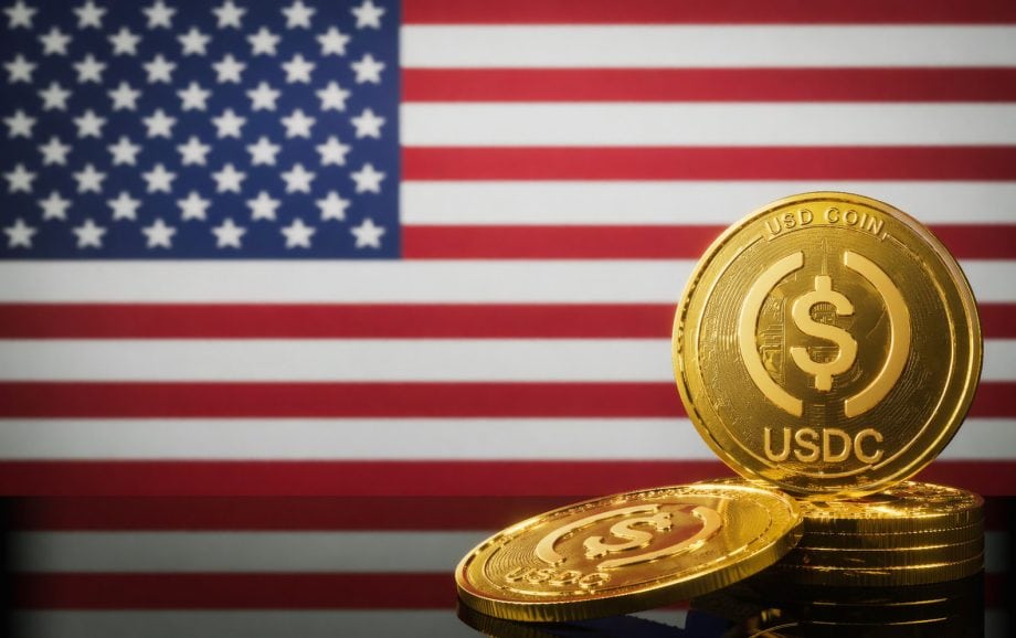 Eine US-Flagge wird gezeigt, davor ist ein Stapel goldener USDC-Münzen.