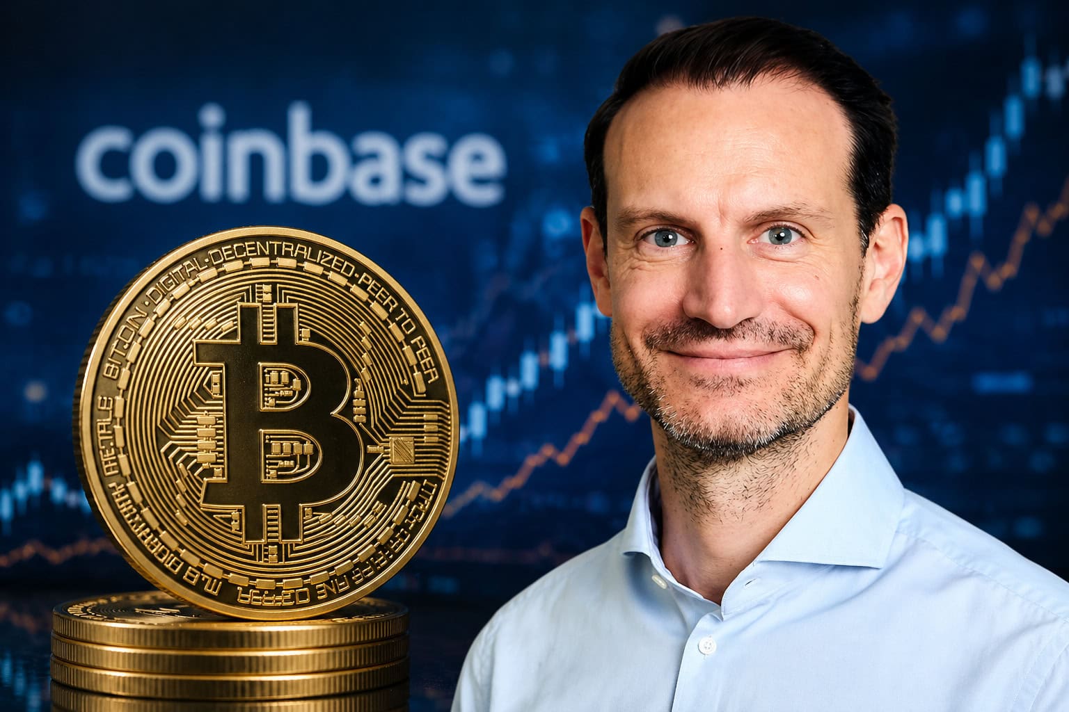 Das Bild zeigt Daniel Seifert vor einer Bitcoin-Münze