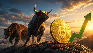 Ein Bär und ein Bulle und ein Bitcoin-Logo