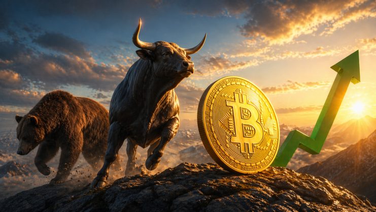 Ein Bär und ein Bulle und ein Bitcoin-Logo