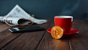 Eine rote Kaffeetasse mit Untertasse steht auf einem Holztisch mit einer goldenen Bitcoin-Münze, die die Welt der Kryptowährung symbolisiert, neben einem Smartphone und einer zusammengerollten Zeitung im Hintergrund.