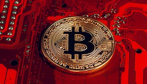 Eine Bitcoin-Münze liegt auf einem roten Computerchip