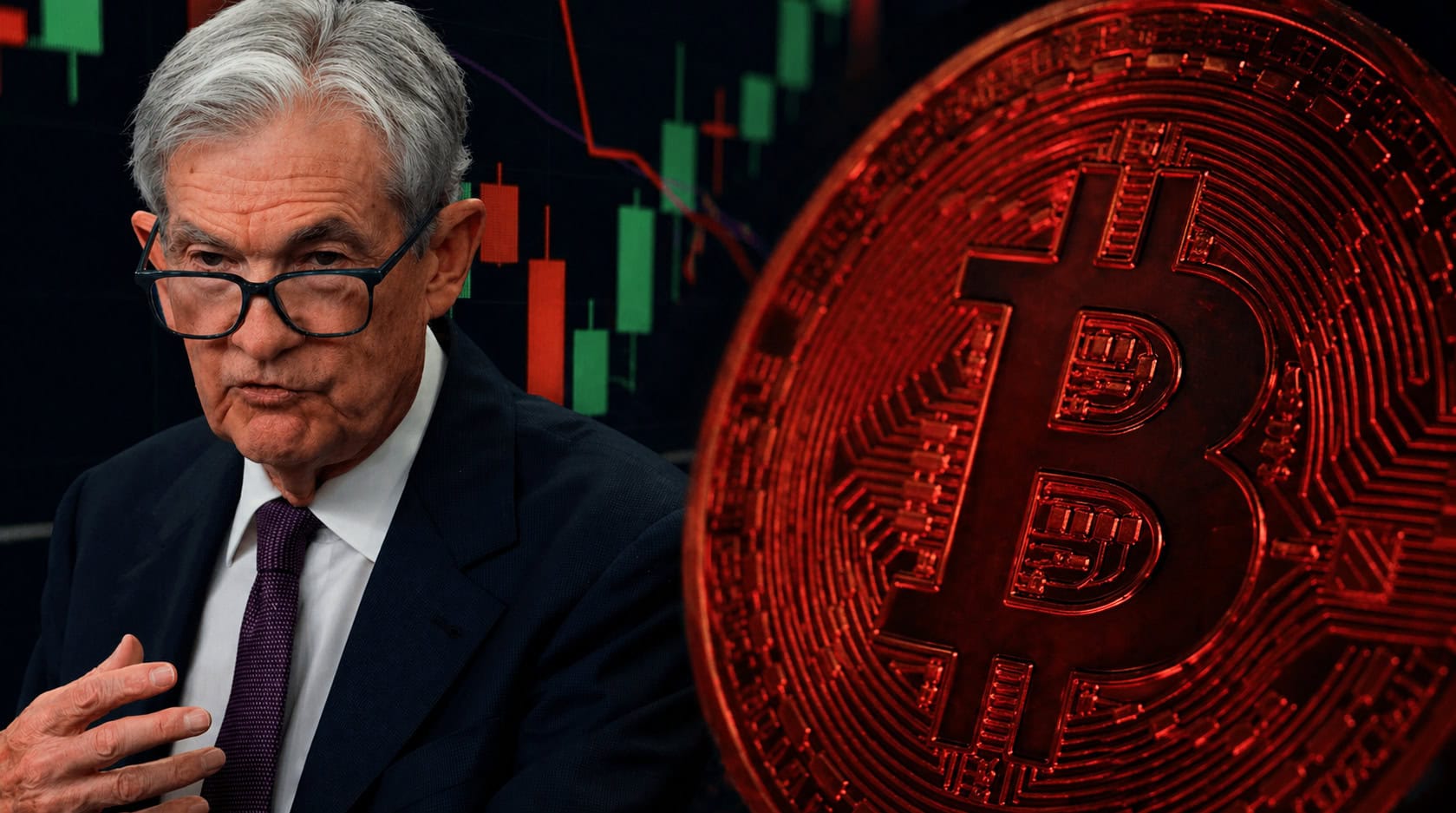 US-Notenbankchef Jerome Powell spricht mit ernstem Ausdruck, während im Vordergrund bzw. daneben ein großer roter Bitcoin vor einem Hintergrund aus fallenden und steigenden Kurskerzen (Candlestick-Chart) zu sehen ist – Symbolbild für Geldpolitik und Bitcoin-Kurs unter Druck.