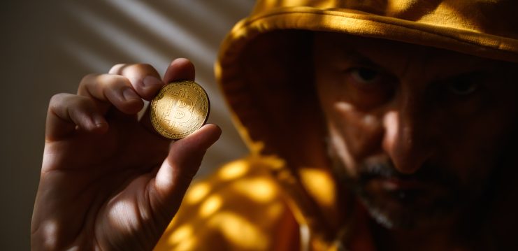 Bild zeigt einen Mann mit einer Bitcoin-Münze