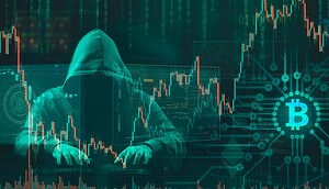 Das Bild zeigt einen Hacker vor steigenden Kursen