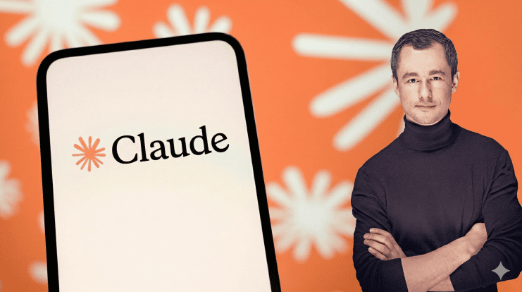 Auf dem Bild ist im Hintergrund eine Logowand mit dem Claude Logo. Links befindet sich ein Smartphone mit dem Claude Logo. Rechtsbündig steht ein Mann mit einem schwarzen Rollgragenpolluver.