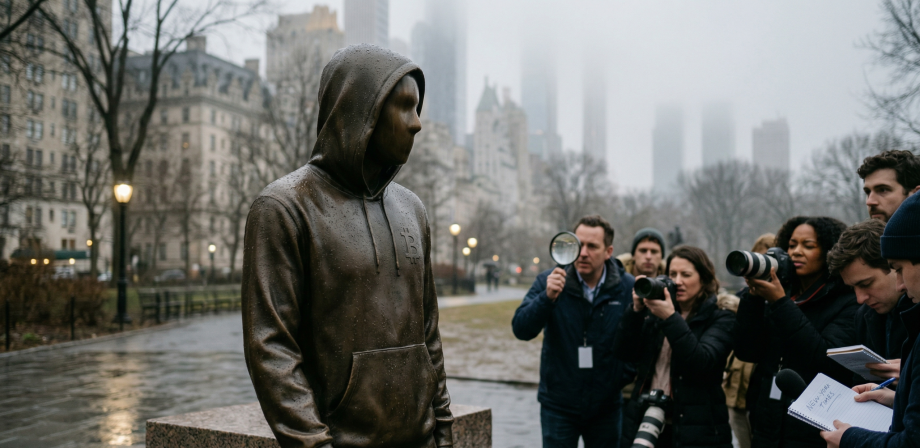 Eine regennasse Bronzestatue eines anonymen Mannes im Hoodie steht im nebligen New Yorker Central Park. Während sie stoisch wegsieht, wird sie von einer Gruppe Journalisten mit Kameras, einer Lupe und einem Notizblock belagert, die verzweifelt versuchen, ihre Identität zu ergründen.