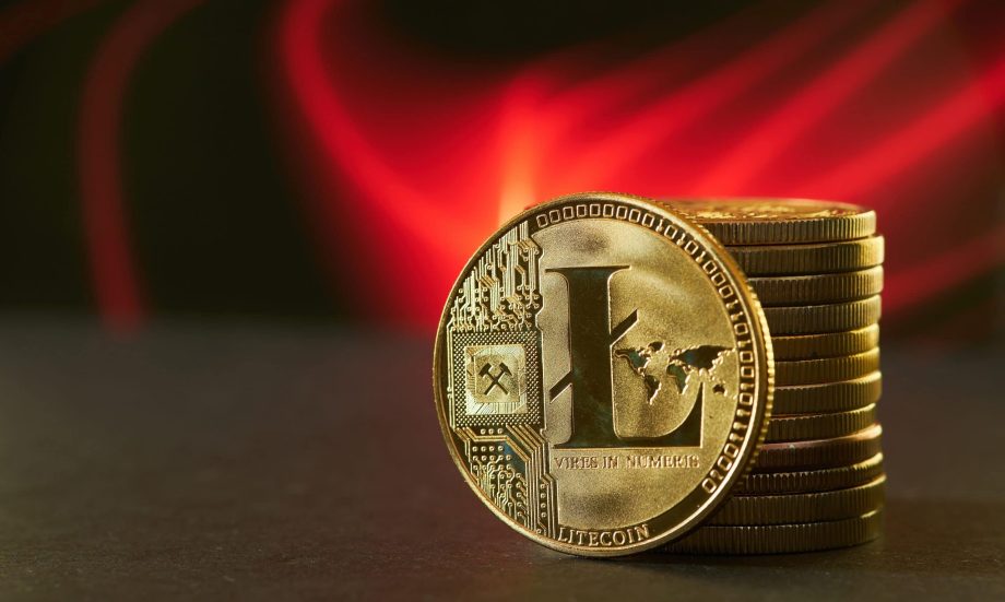 Das Bild zeigt die Litecoin-Münze vor einem roten Hintergrund.