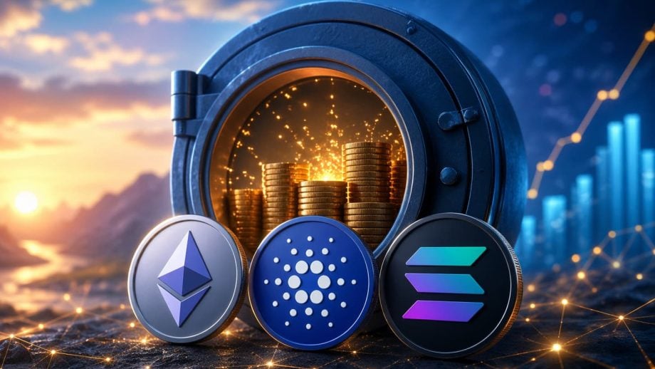 Drei Krypto-Münzen vor einem futuristischen Bild