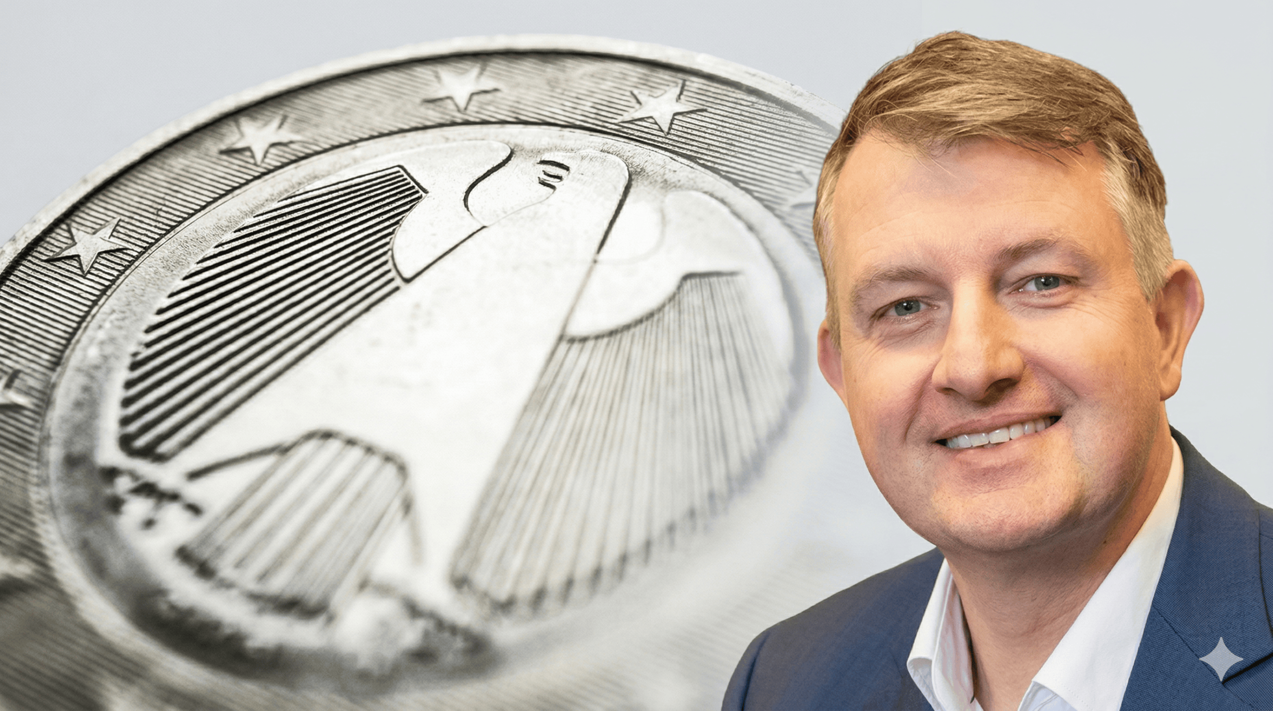 Man sieht eine Euro-Münze. Rechtsbündig ist der Qivalis CEO Jan-Oliver Sell eingefügt