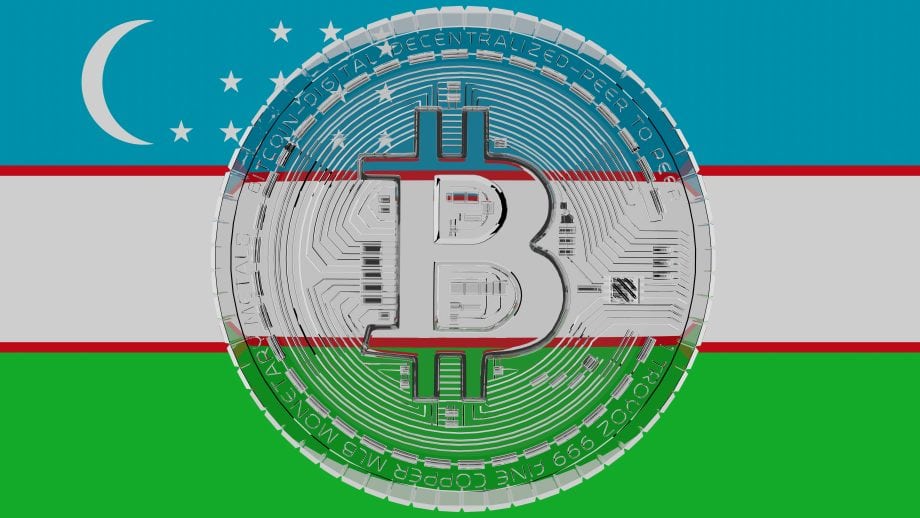 Das Bild zeigt eine Bitcoin-Münze vor der usbekischen Flagge
