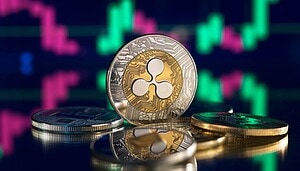 Eine Nahaufnahme von Ripple (XRP)-Kryptowährungsmünzen auf einer spiegelnden Oberfläche mit einem digitalen Preisdiagramm, das den XRP-Kurs und leuchtend grüne und rosafarbene Kerzenleuchter im Hintergrund zeigt.