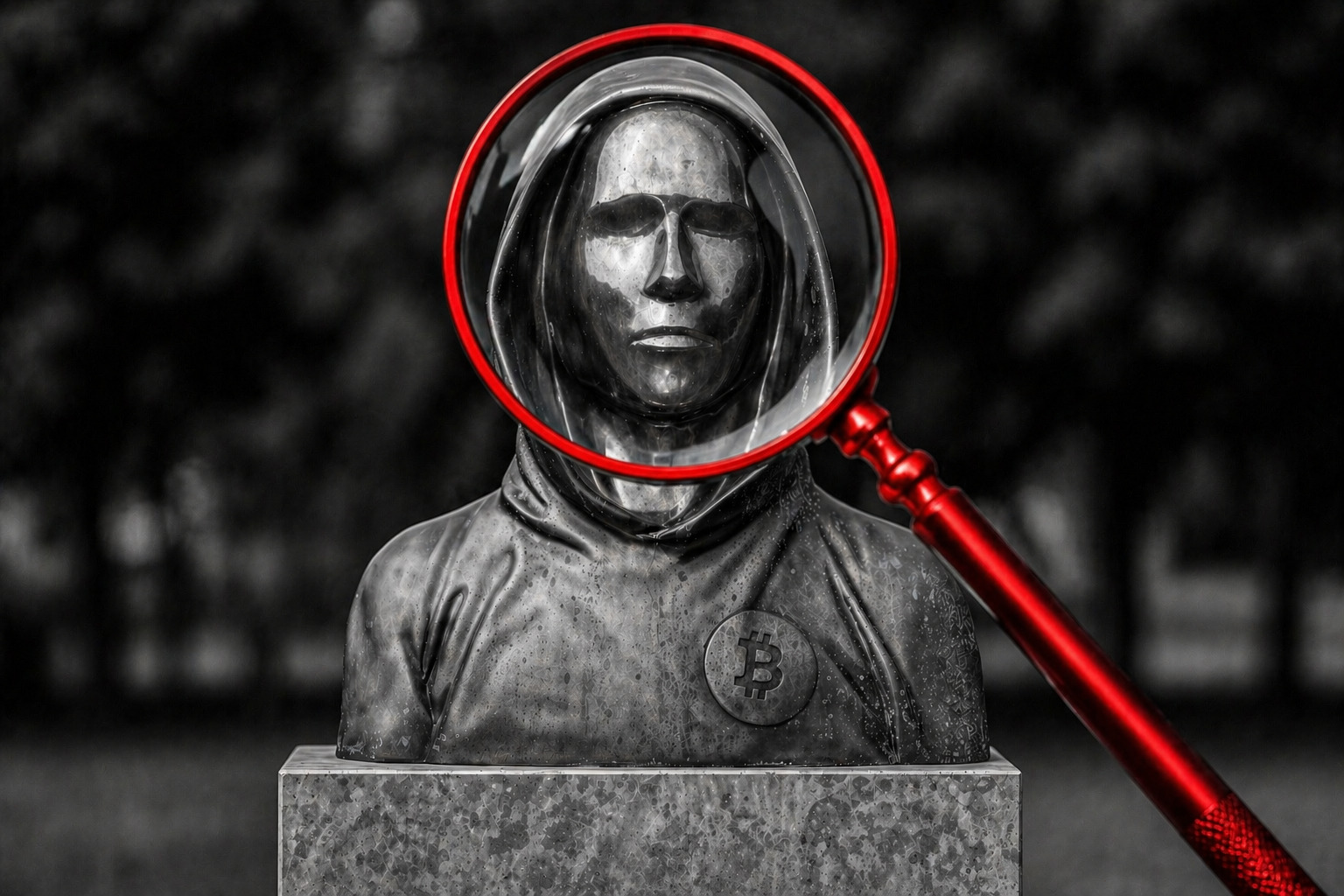 Das Bild zeigt eine Statue von Satoshi Nakamoto. Eine rote Lupe vergrößert das Gesicht.