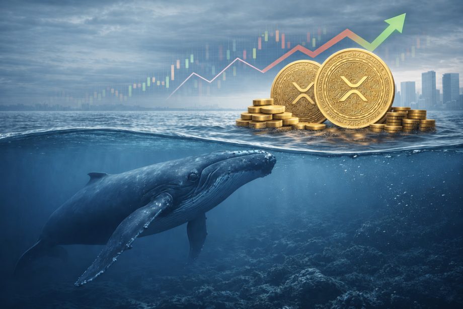 Ein großer Wal schwimmt unter der Wasseroberfläche im Ozean, während darüber auf dem Wasser gestapelte goldene XRP-Münzen liegen. Im Hintergrund sind eine Stadt-Silhouette sowie ein ansteigendes Kursdiagramm mit grünem Pfeil zu sehen, das Wachstum symbolisiert.