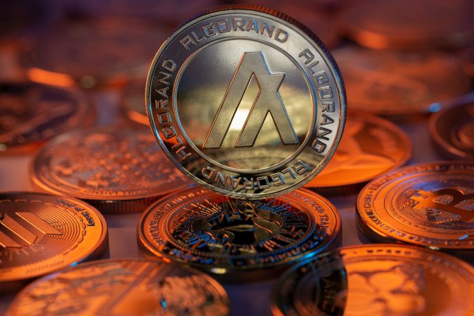 Das Bild zeigt eine stilisierte Darstellung von Kryptowährungen mit Fokus auf Algorand. Im Zentrum steht eine glänzende, goldfarbene Münze mit dem Algorand-Logo, die aufrecht zwischen mehreren flach liegenden Coins platziert ist.