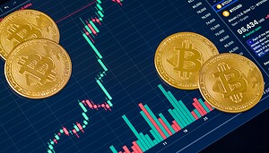 Bitcoin-Münzen vor einem Kurs-Chart.