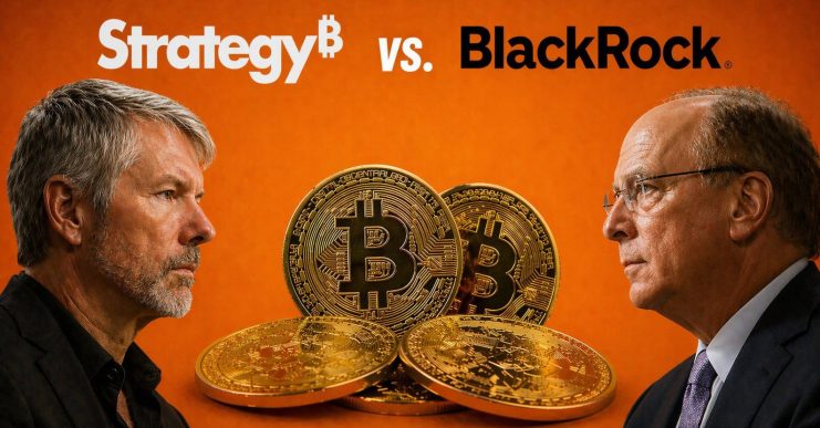 Bitcoin-Münzen, dahinter Strategy- und BlackRock-Logo