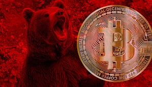 Eine rote Bitcoin-Münze neben einem Bären
