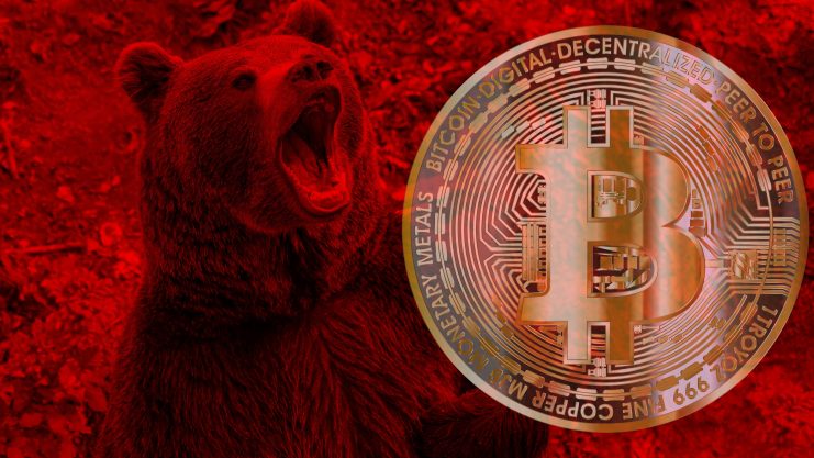 Eine rote Bitcoin-Münze neben einem Bären