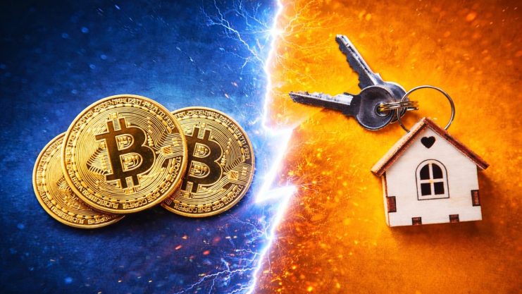 Bitcoin-Münzen (links) und ein Häusersymbol (rechts)