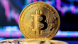 Eine Bitcoin-Münze vor einem lila Hintergrund