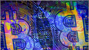 Zwei Bitcoin-Münzen werden von einem bläulichen Licht angestrahlt.