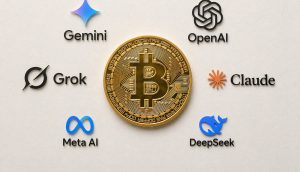 Vor weißem Hintergrund sieht man in der Mitte eine goldene Bitcoin-Münze. Um die Münze herum sind die Logos mehrerer KI-Unternehmen, wie OpenAI oder Claude.