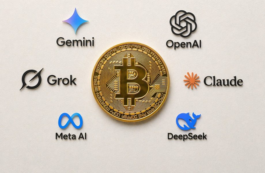 Vor weißem Hintergrund sieht man in der Mitte eine goldene Bitcoin-Münze. Um die Münze herum sind die Logos mehrerer KI-Unternehmen, wie OpenAI oder Claude.
