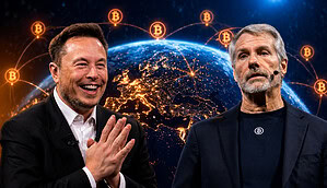 Elon Musk, Michael Saylor und ein Bitcoin-Hintergrund