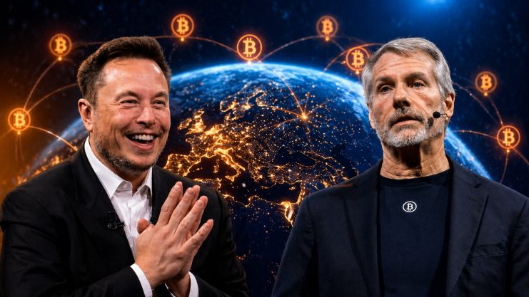 Elon Musk, Michael Saylor und ein Bitcoin-Hintergrund