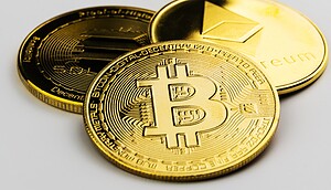 Eine Bitcoin-Münze, eine Solana-Münze und eine Ethereum-Münze