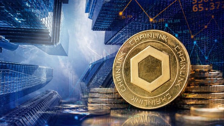 Ein Chainlink-Coin vor einem Hintergrund, der die Finanzwelt widerspiegelt