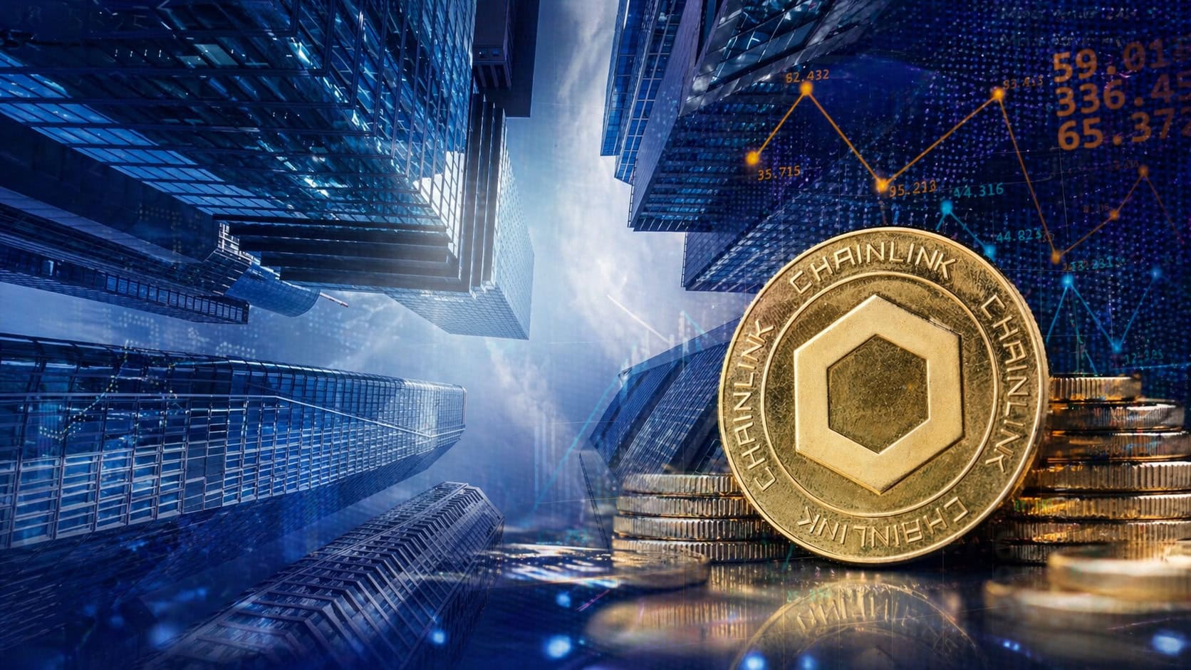 Ein Chainlink-Coin vor einem Hintergrund, der die Finanzwelt widerspiegelt