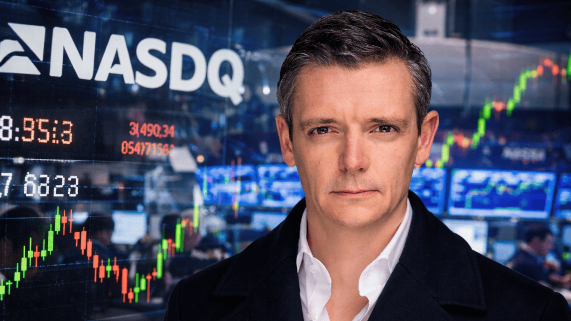 CoinShares-CEO Mognetti vor einem Nasdaq-Bild