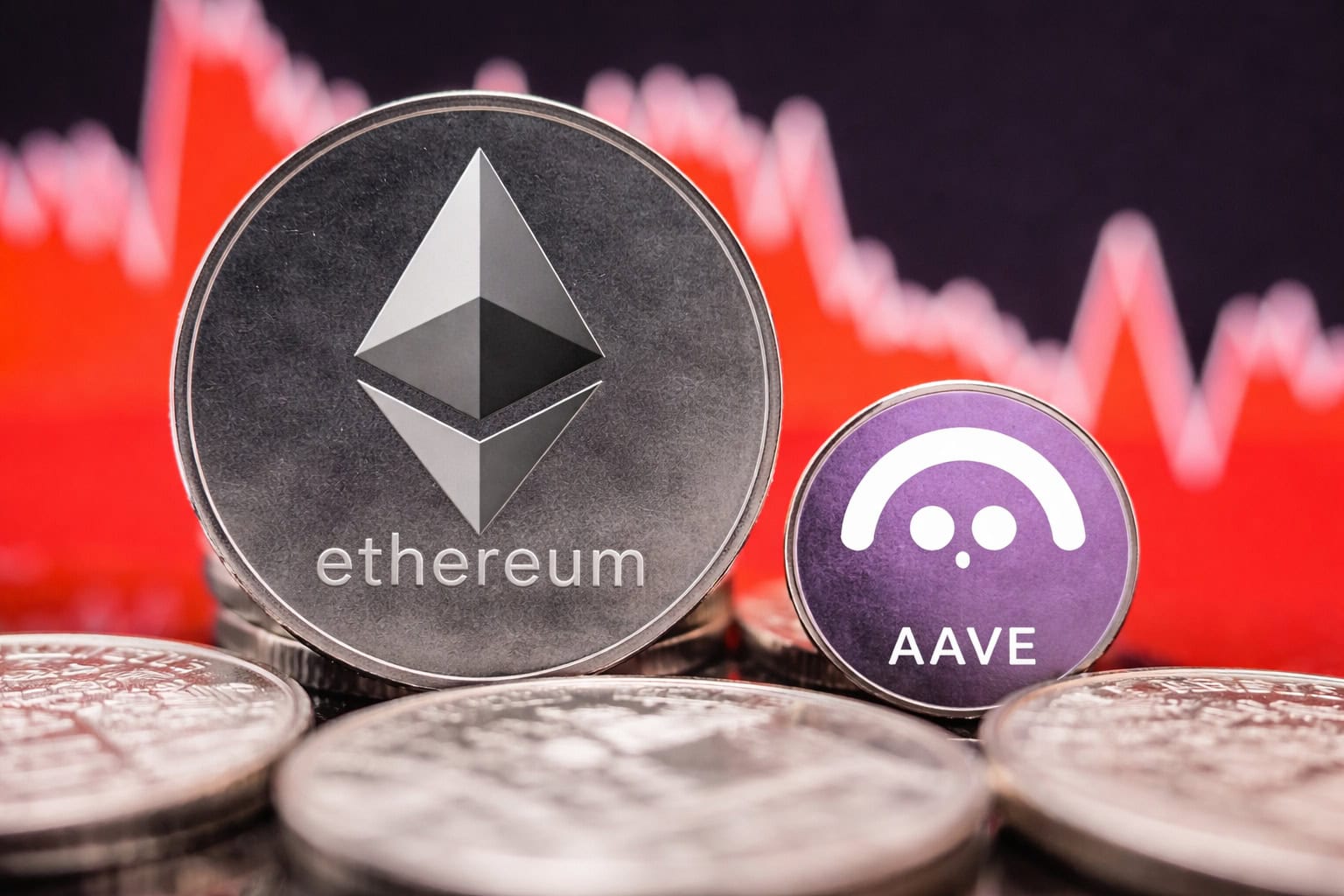Ethereum- und Aave-Münze vor fallendem Chart