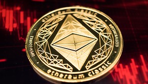 Ethereum-Münze vor rotem Hintergrund