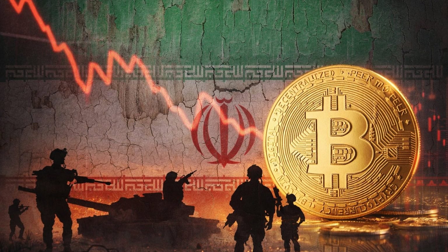 Bitcoin-Münze vor fallendem Chart und Iran-Fahne