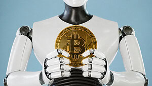 Ein humanoider Roboter hält mit seinen Händen eine Bitcoin-Münze vor eiem hellblauen Hintergrund.