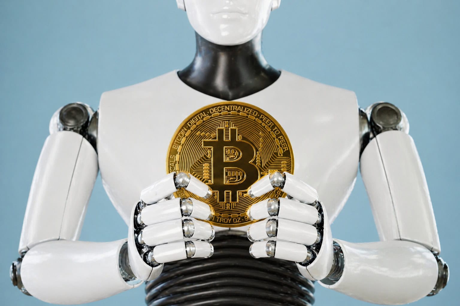 Ein humanoider Roboter hält mit seinen Händen eine Bitcoin-Münze vor eiem hellblauen Hintergrund.