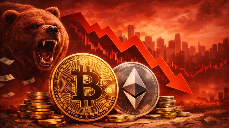 Krypto-Bärenmarkt mit Bitcoin und Ethereum vor einem wütenden Bär auf rotem Hintergrund