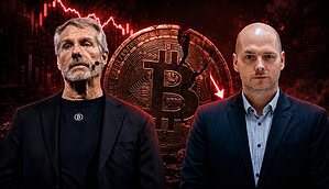 Saylor und Georg vor rotem Bitcoin-Chart