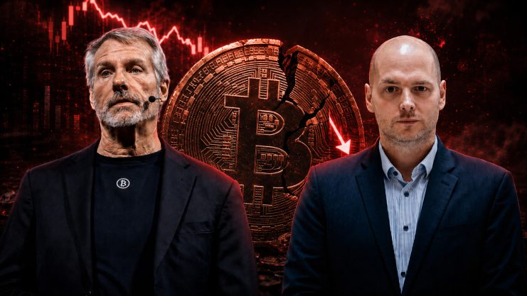 Saylor und Georg vor rotem Bitcoin-Chart