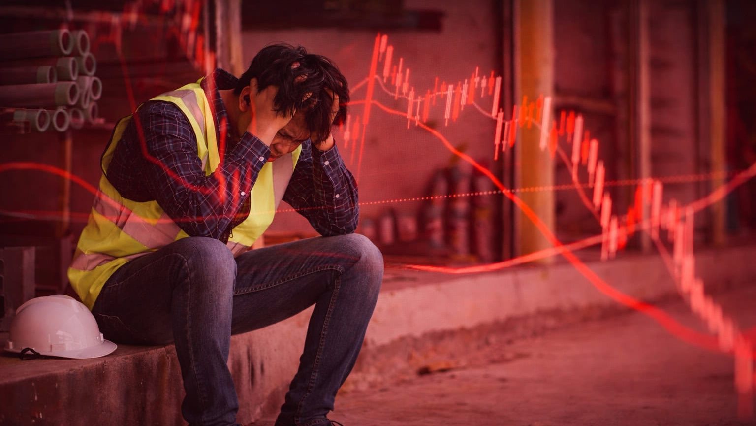 Bauarbeiter vor rotem Chartbild, symbolisch für Entlassungen bei MARA