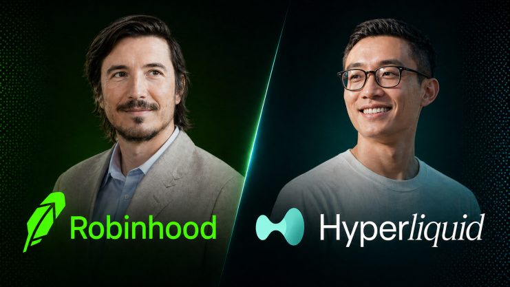 Vlad Tenev und Jeff Yan mit den Logos von Hyperliquid und Robinhood