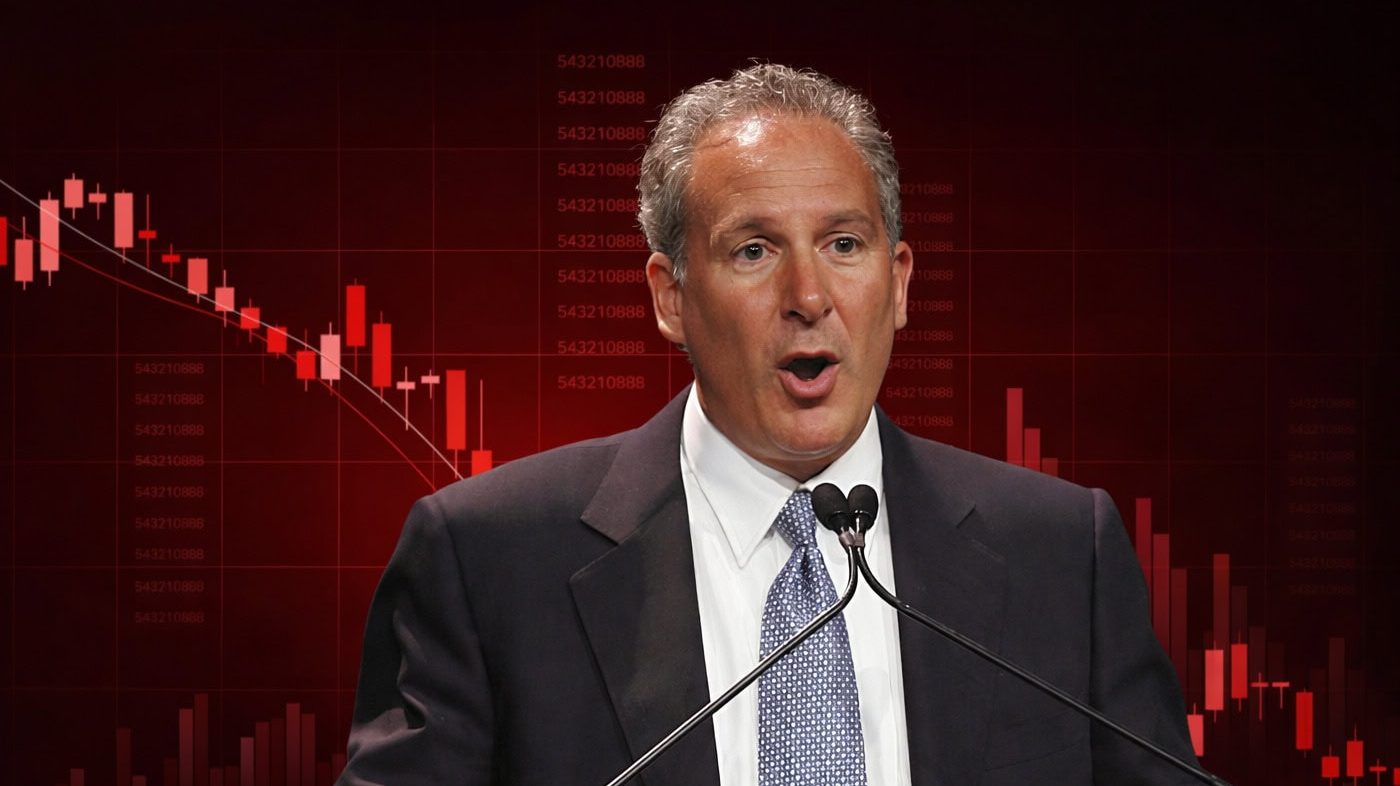 Bitcoin-Kritiker Peter Schiff vor einem fallenden Chart