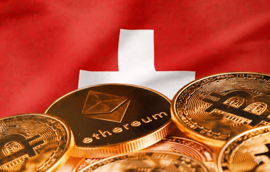 Schweizer Fahne hinter Krypto-Münzen