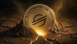 Das Bild zeigt eine goldene Stellar-Münze, die halb aus trockenem, aufgebrochenem Erdreich herausragt. Die Oberfläche wirkt staubig und rissig, als würde sich der Boden gerade öffnen. Aus den Spalten unterhalb der Münze dringt ein warmes, leichtes Leuchten nach oben, das den Eindruck vermittelt, als würde die Coin „aktiviert“ oder aus dem Untergrund hervorkommen.