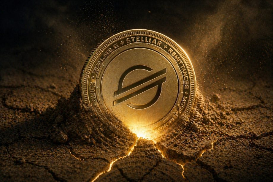 Das Bild zeigt eine goldene Stellar-Münze, die halb aus trockenem, aufgebrochenem Erdreich herausragt. Die Oberfläche wirkt staubig und rissig, als würde sich der Boden gerade öffnen. Aus den Spalten unterhalb der Münze dringt ein warmes, leichtes Leuchten nach oben, das den Eindruck vermittelt, als würde die Coin „aktiviert“ oder aus dem Untergrund hervorkommen.